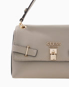Guess Yesba messenger bag taupe front detail showing logo and lock – Áines Boutique