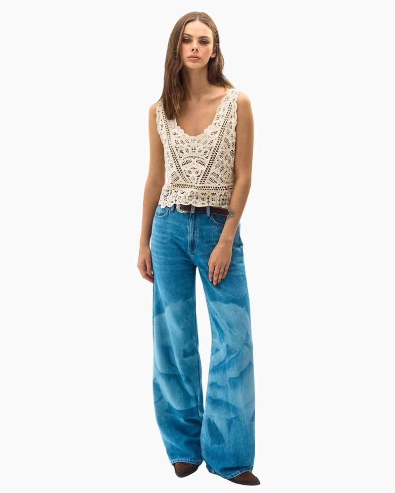 Guess beige macramé cotton top full outfit with wide leg jeans
