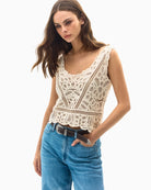 Guess macramé knit top beige front view sleeveless scoop neck