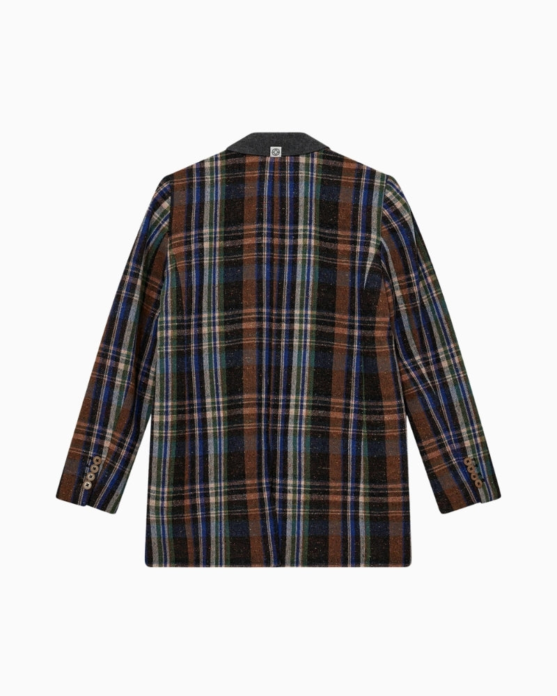 Back view of bold check blazer showing relaxed fit and soft texture