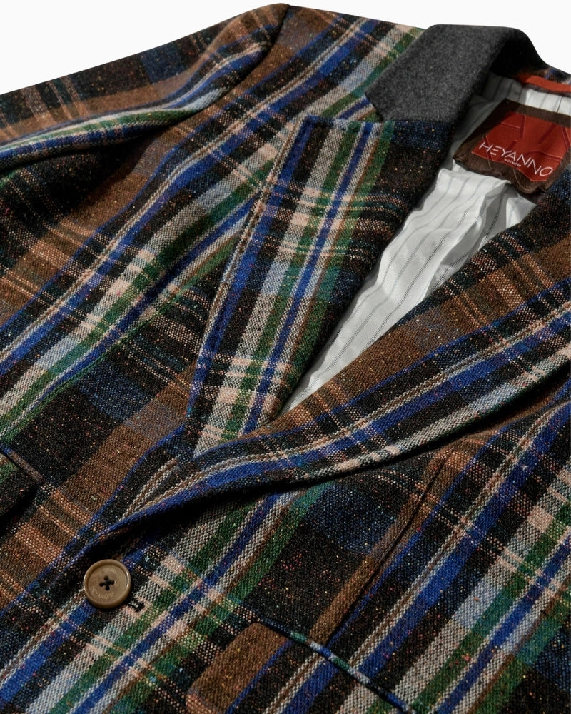 Close up of Oversized check blazer by Heyanno in wool blend Italian fabric