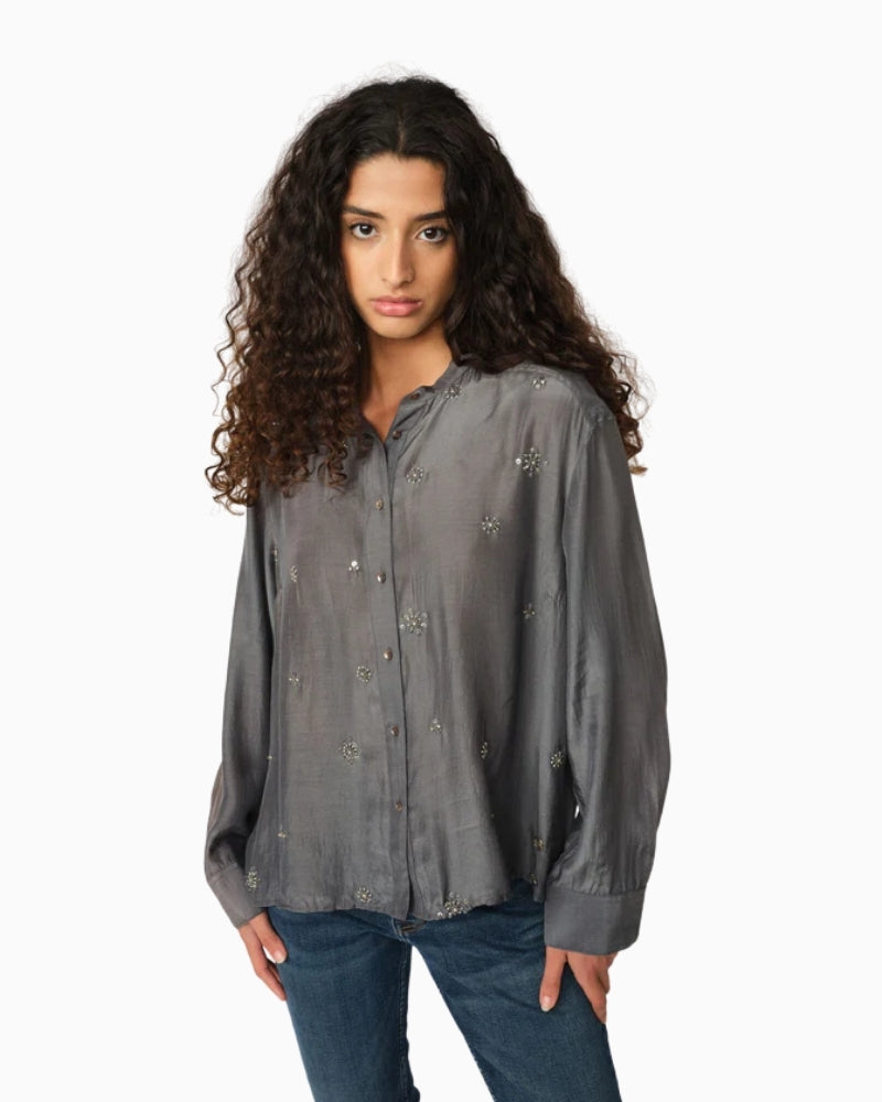 Heyanno dark silver statement shirt with gun-metal pearl embellishments