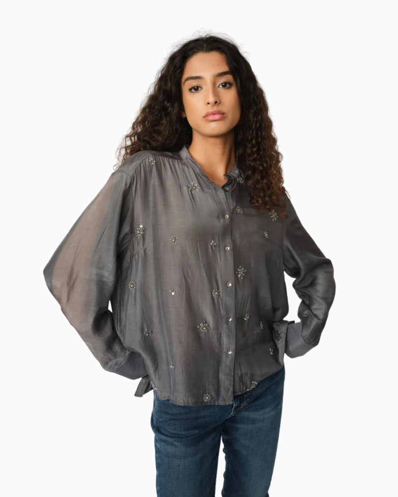 Front view of glossy viscose shirt with button front and long sleeves