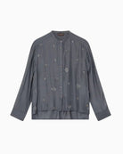 Front view of glossy viscose shirt with button front and long sleeves