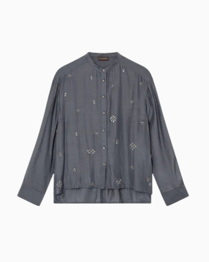 Front view of glossy viscose shirt with button front and long sleeves