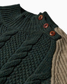 Close-up of Heyanno jumper showing cable knit pattern and ribbed trims