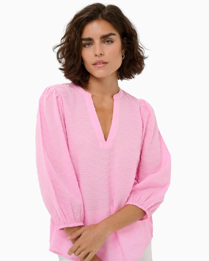 Kaffe Pink Frosting textured blouse V-neck detail