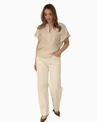 Kimara Didi Jeans beige embroidered denim model wearing