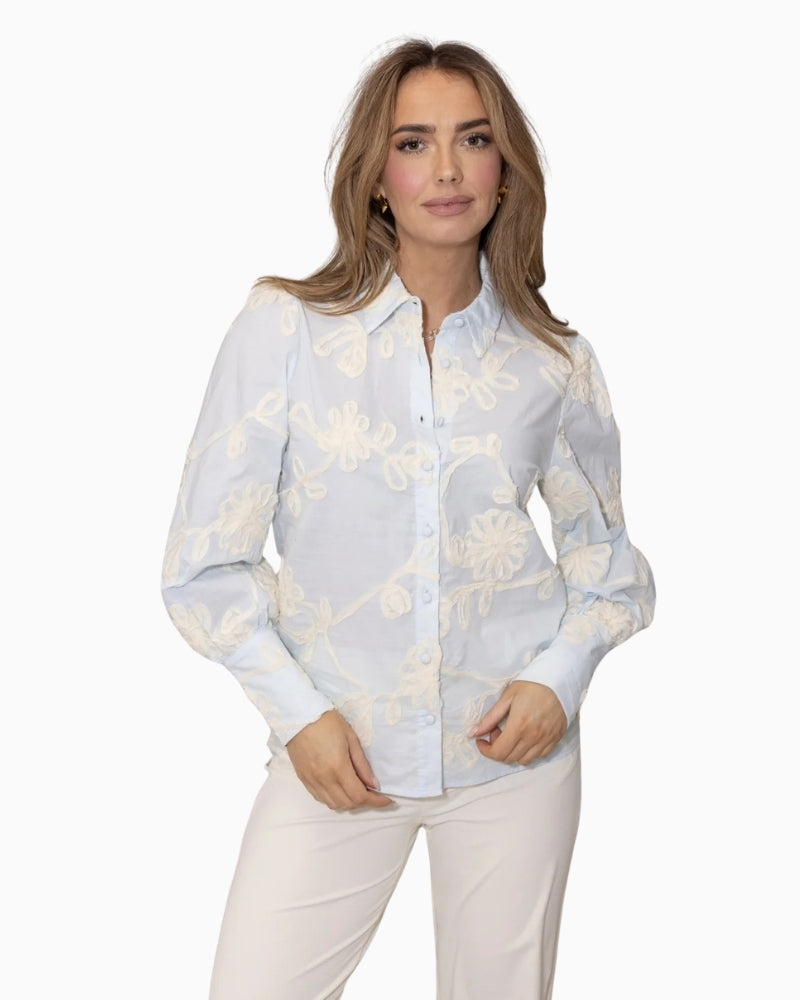 Kimara Jasmin Blouse 2 ciel blue floral blouse front view