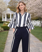 Kimara Senna stripe blouse navy white full front view