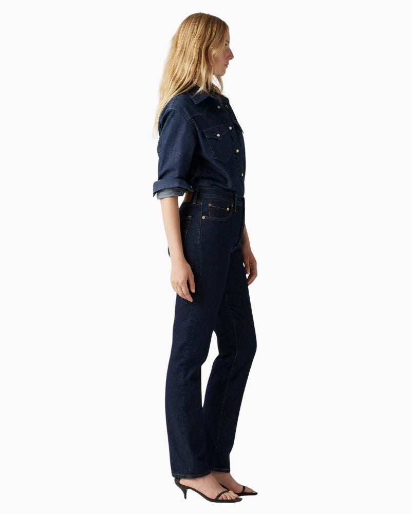 Side view of non-stretch Levi’s 501 jeans showing relaxed fit and traditional pockets