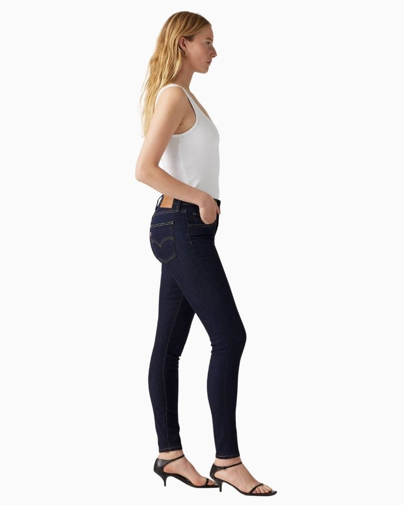 Side view of Levi’s 721 jeans showing shaping high-rise waist and fitted skinny leg