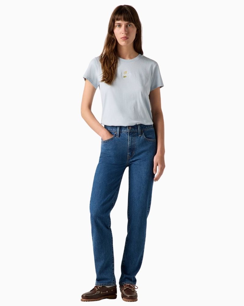 Front view of Levi’s straight-leg jeans showing slim fit and traditional 5-pocket style