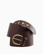 Levi’s Buckle Up wide brown leather belt, front view with statement buckle – Áines Boutique