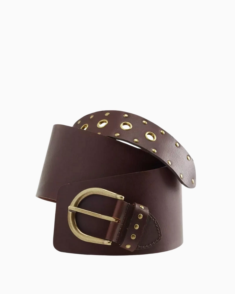 Levi’s Buckle Up wide brown leather belt, front view with statement buckle – Áines Boutique