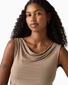Close up view of Levi’s Clea Cowl Top showing slim fit and lightweight sleeveless cut