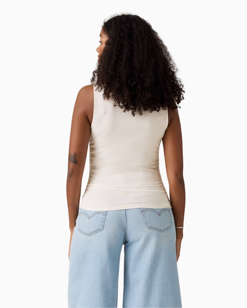 Back of Levi’s sleeveless cowl neck top in soft jersey fabric with ruched neckline and slim fit