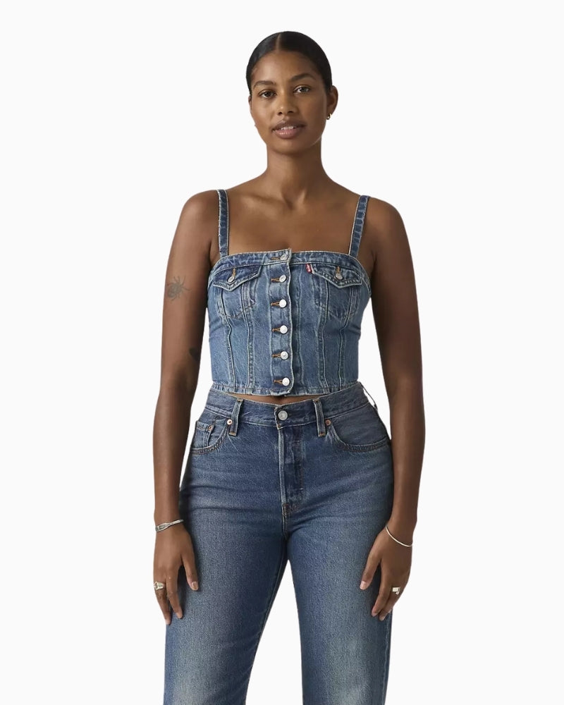 Woman wearing Levi’s denim tube top, styled outfit view – Áines Boutique
