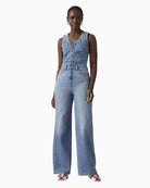 Levi’s denim wide-leg jumpsuit, front view showing slim fit and button front – Áines Boutique