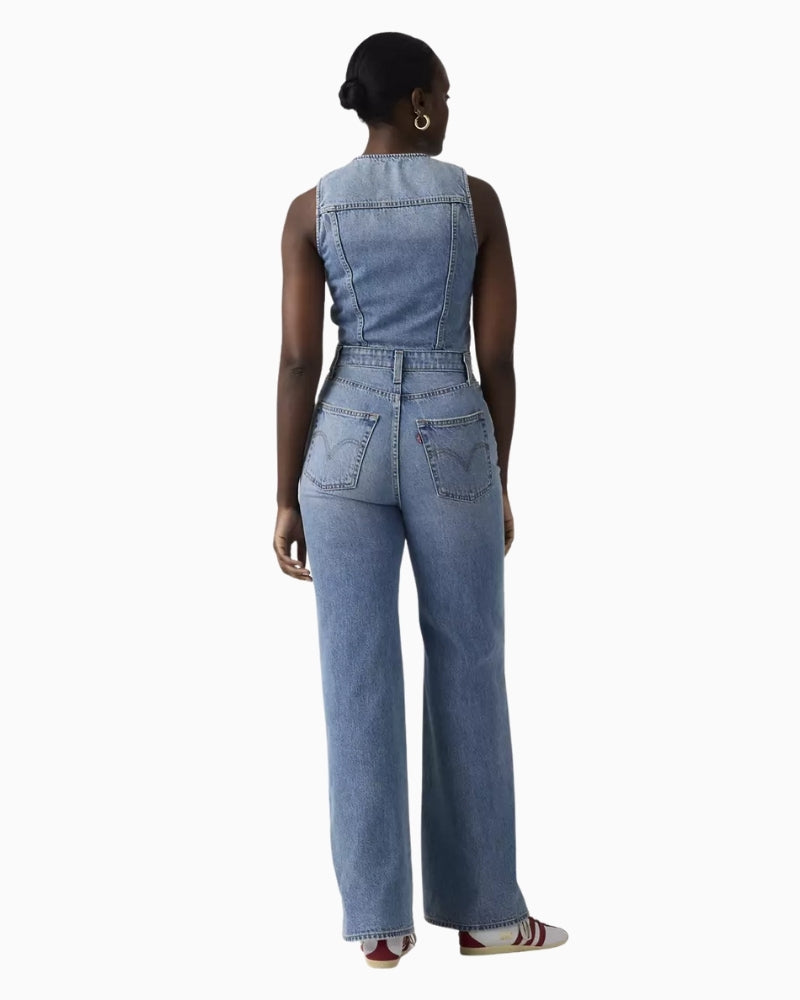 Levi’s denim jumpsuit, back view showing wide-leg shape – Áines Boutique