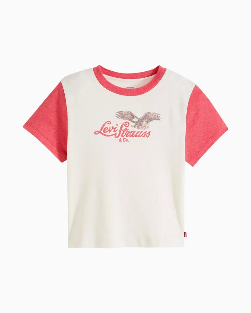 Levi’s Graphic Essential Sporty Tee in white, front view with graphic print – Áines Boutique