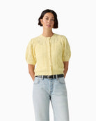 Levi’s Pauline pointelle short-sleeve cardigan, front view with button fastening – Áines Boutique