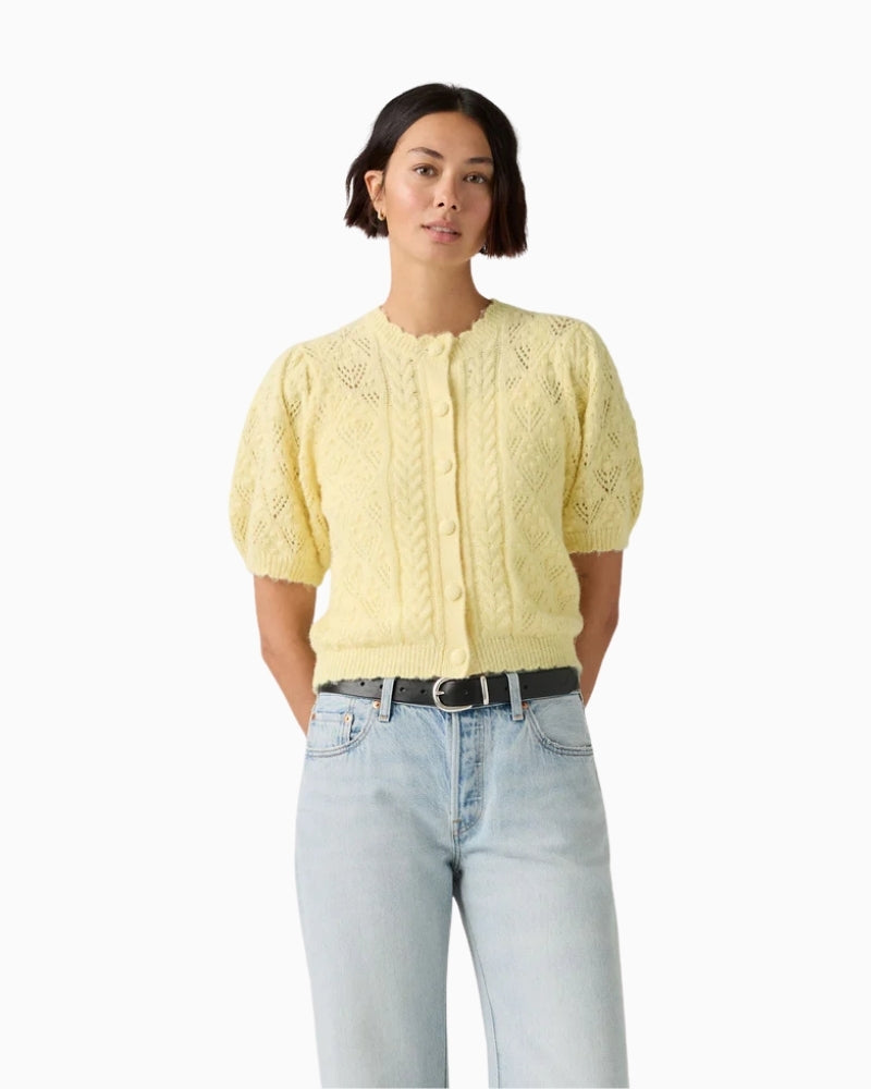 Levi’s Pauline pointelle short-sleeve cardigan, front view with button fastening – Áines Boutique