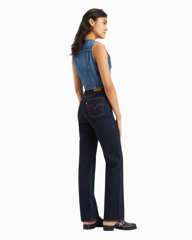 Back of Levi’s Ribcage full-length straight leg jeans in high-rise stretch denim 