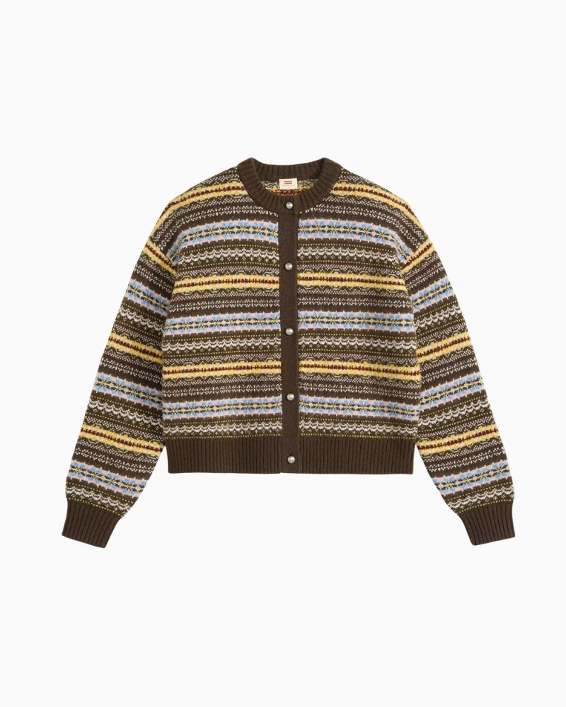 Levi's Charlotte Crewneck Cardigan in Brown Stripe cable-knit detail