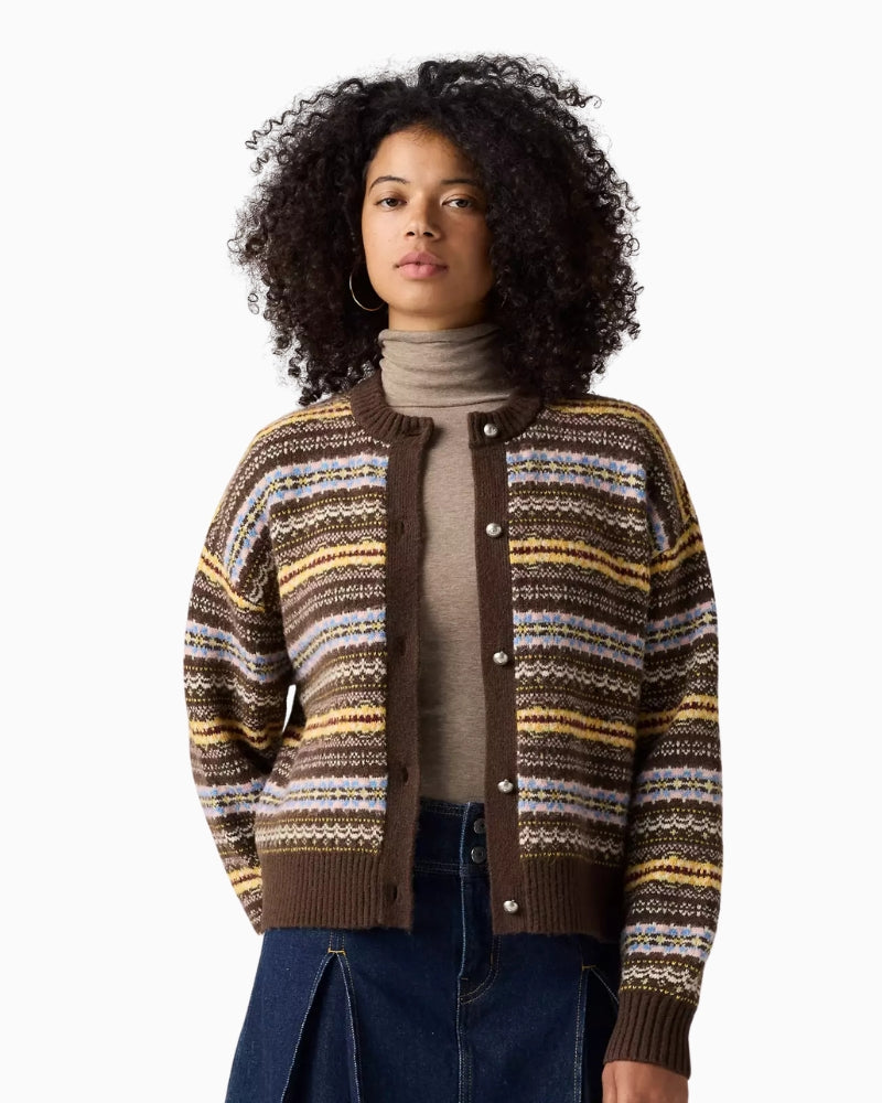 Levi's Charlotte Crewneck Cardigan in Brown Stripe front view