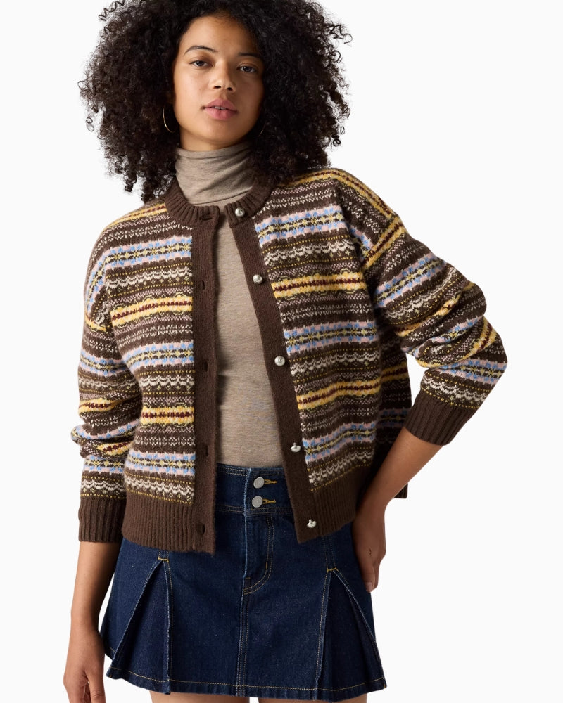 Levi's Charlotte Crewneck Cardigan in Brown Stripe styled view