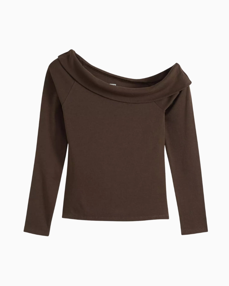 Levi's Clara Rib Off Shoulder Top in Dark Brown rib-knit detail