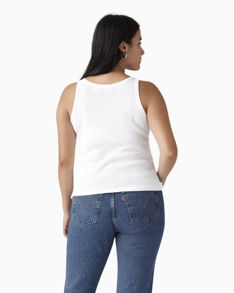 Woman wearing Levi’s Essential Racer tank top white, back view – Áines Boutique