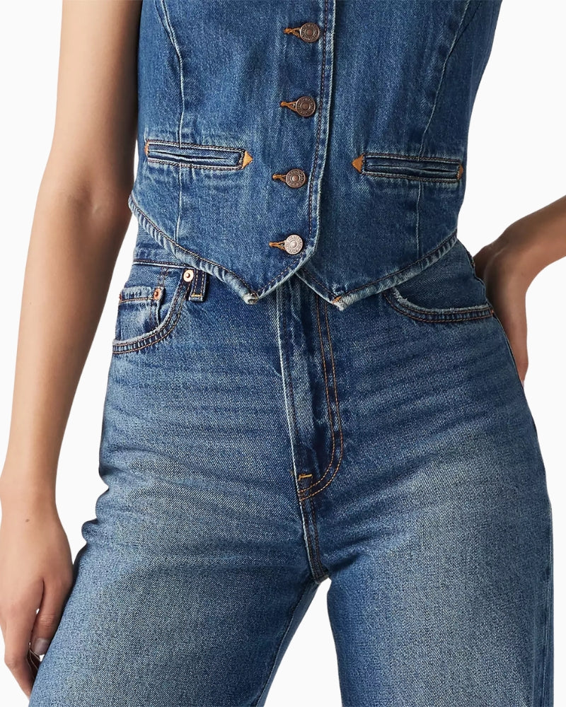 Levi’s Ribcage wide leg jeans dark wash, denim texture detail – Áines Boutique