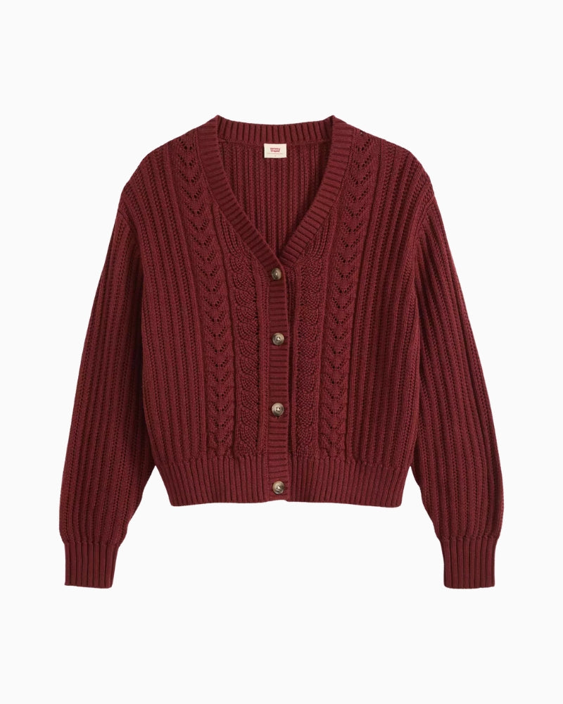 Levi's Snowflake Cardigan in Cabernet button-front detail