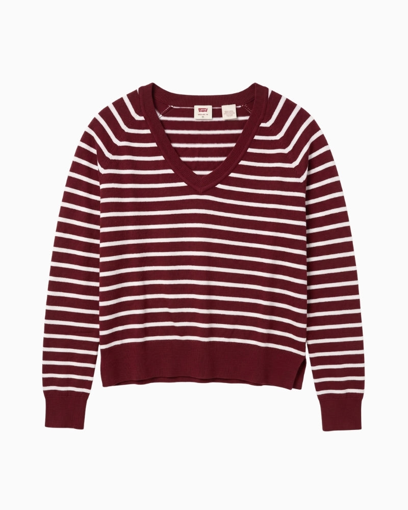 Levi's Supersoft V-Neck Pullover in Cabernet red and white stripe front view
