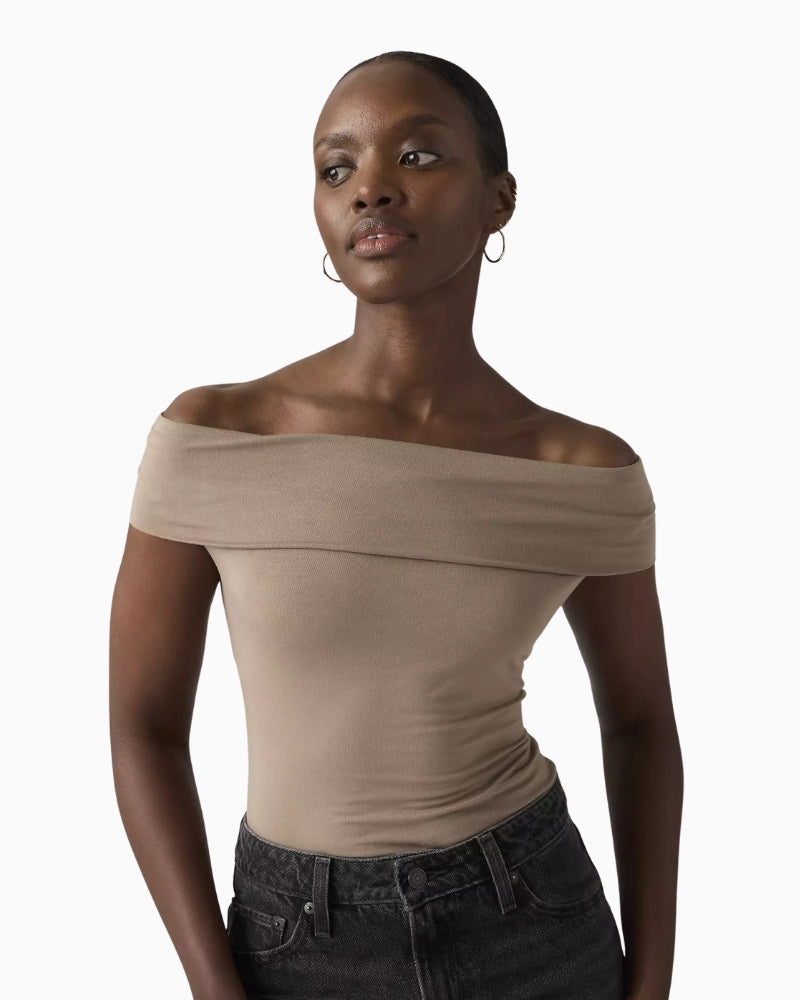 Levi's Tori Twisted Knit Top taupe front view off shoulder