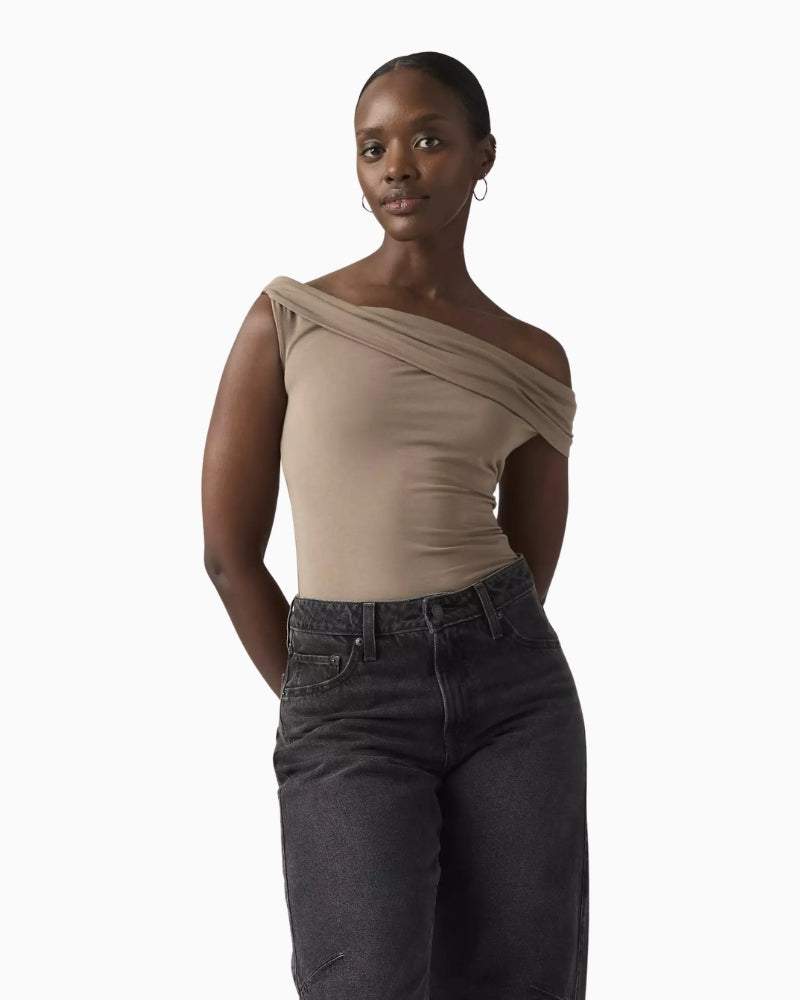 Levi's Tori Twisted Knit Top taupe neckline twist detail