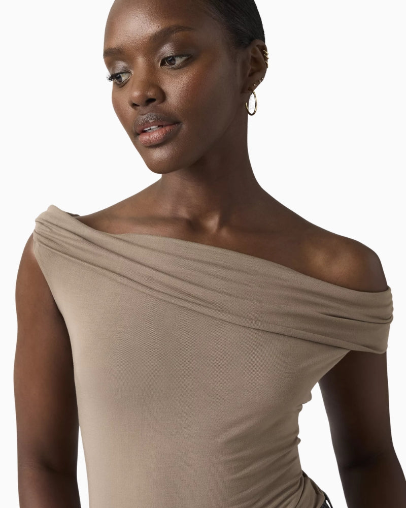 Levi's Tori Twisted Knit Top taupe one shoulder styling