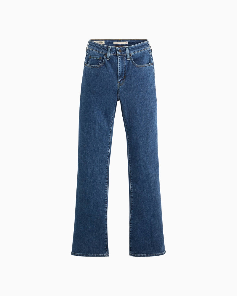 Front view of Levi’s 725 high-rise bootcut jeans in soft stretch denim with slim fit