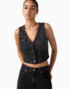 Front view of slim fit denim corset top with chest pockets