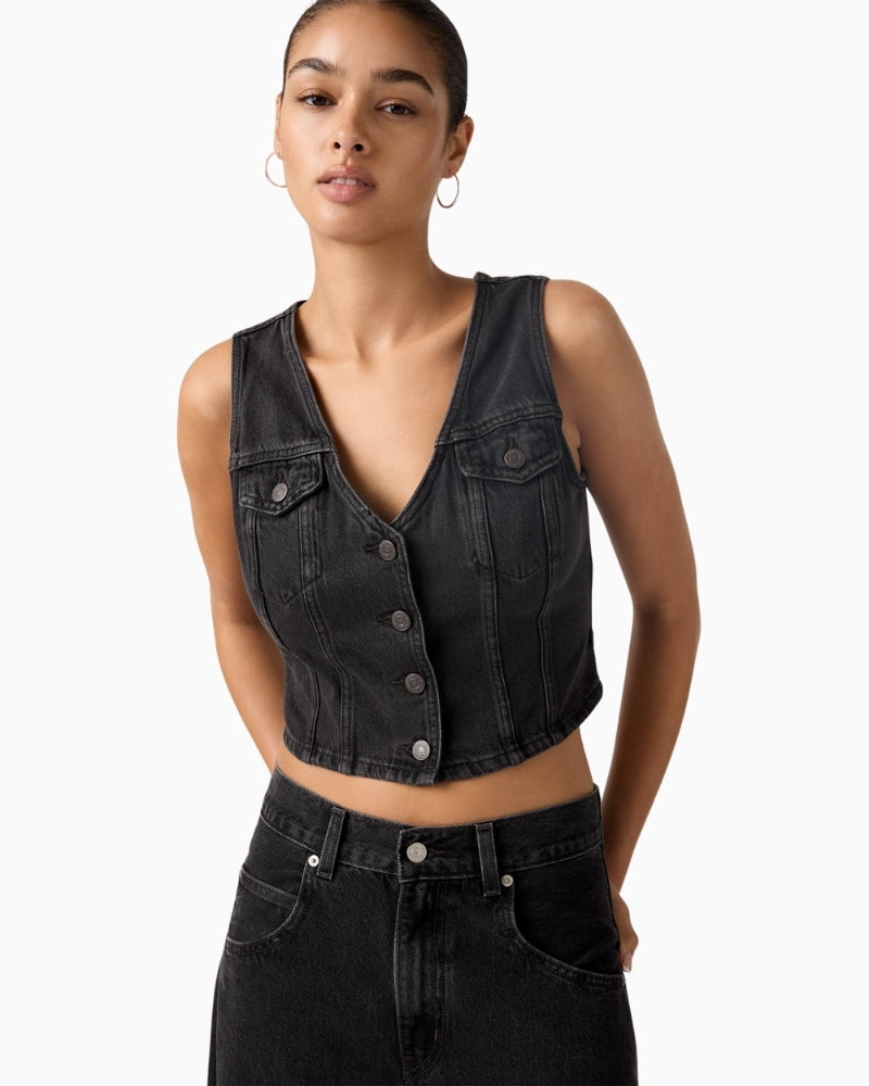 Front view of slim fit denim corset top with chest pockets