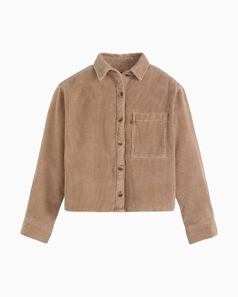 Front view of Levi’s corduroy shacket with point collar and long sleeves