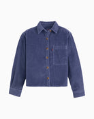 Front view of Levi’s corduroy shacket with point collar and long sleeves