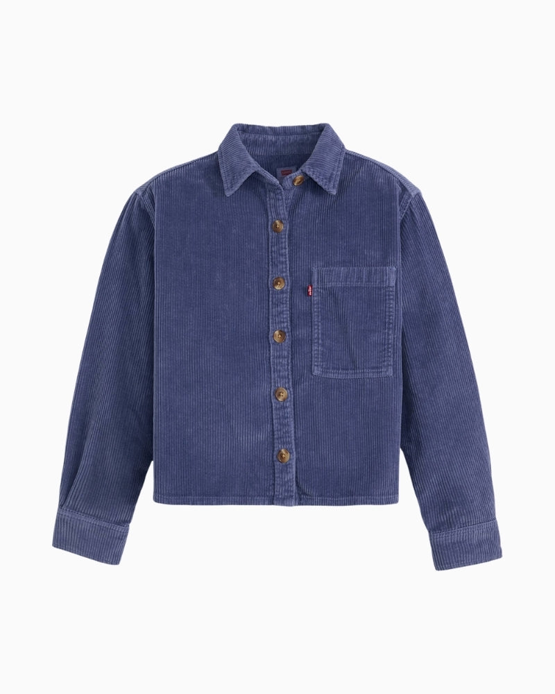 Front view of Levi’s corduroy shacket with point collar and long sleeves