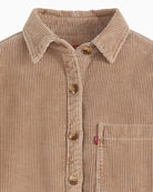 Close-up of corduroy texture and button fastening on Levi’s shacket