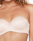 Close up of Nude strapless memory foam bra by LingaDore with removable straps