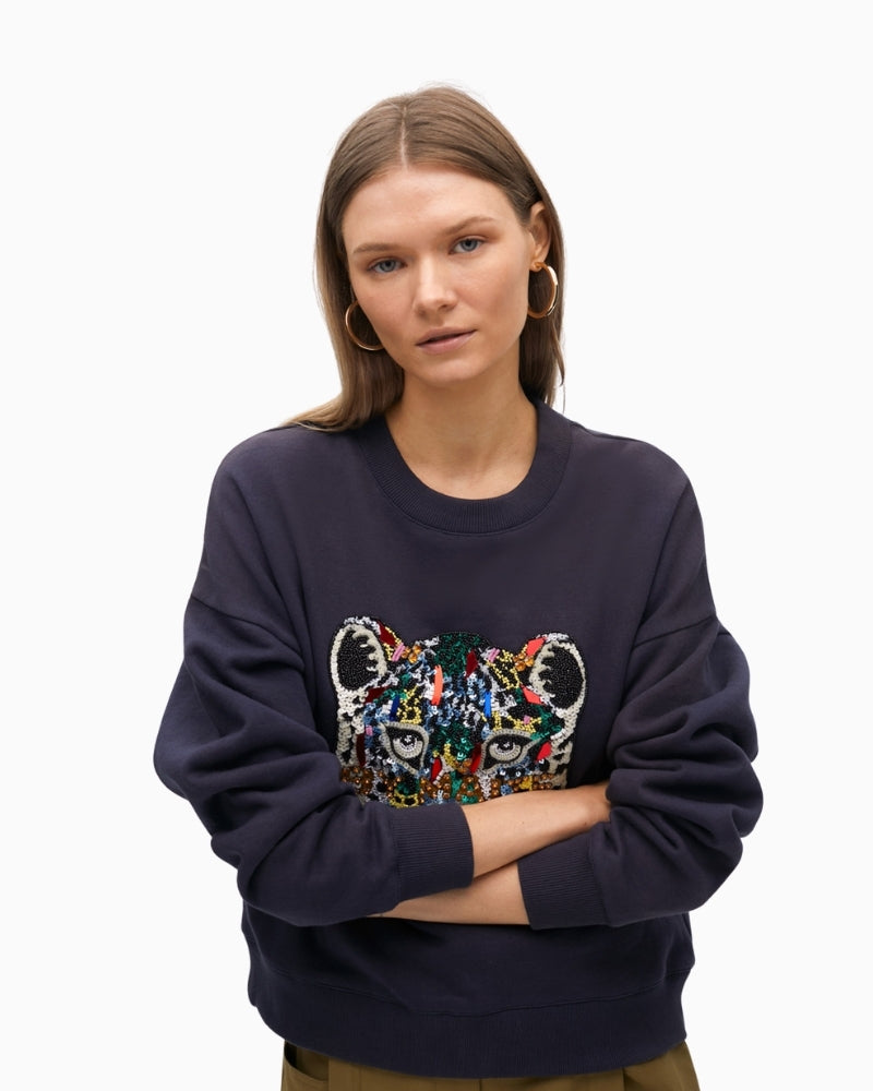 Animal print cotton sweatshirt by Lola Casademunt with rhinestone detail