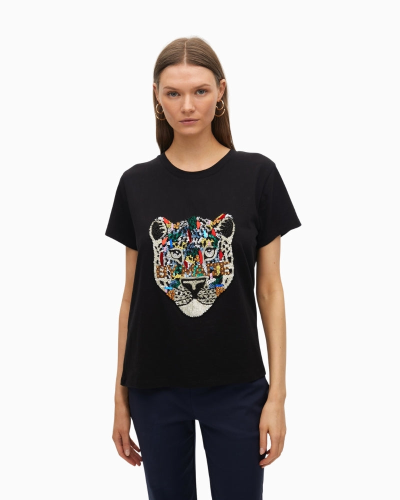 Animal print cotton t-shirt with sparkle embellishment by Lola Casademunt