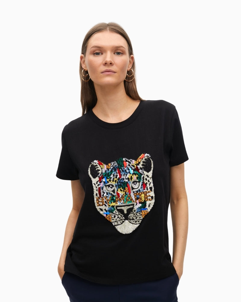 Front view of Maite t-shirt showing bold print and gemstone detail